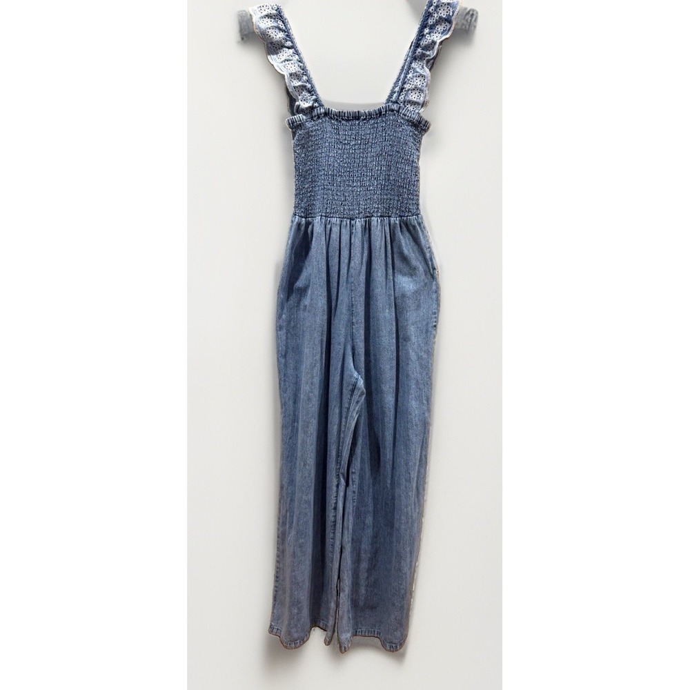 Y2K Bibi Blue Denim Smocked Wide Leg Jumpsuit Ruffle Eyelet Straps Square Neck L